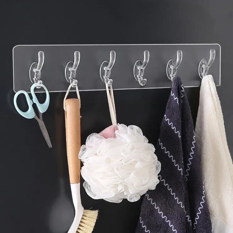 (Pack of 2 ) 6 Row Transparent Wall Hooks Self Adhesive Clothes Coat Door Hanger Towel Key Holder Bathroom Kitchen Storage Sticker Hoo
