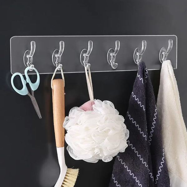 (Pack of 2 ) 6 Row Transparent Wall Hooks Self Adhesive Clothes Coat Door Hanger Towel Key Holder Bathroom Kitchen Storage Sticker Hoo