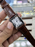 Cartier Style Rectangular Analog Watch for Men – Brown Leather Strap | Quartz Wrist Watch - Golden