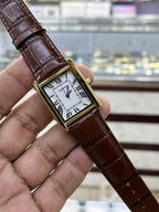 Cartier Style Rectangular Analog Watch for Men – Brown Leather Strap | Quartz Wrist Watch - Golden