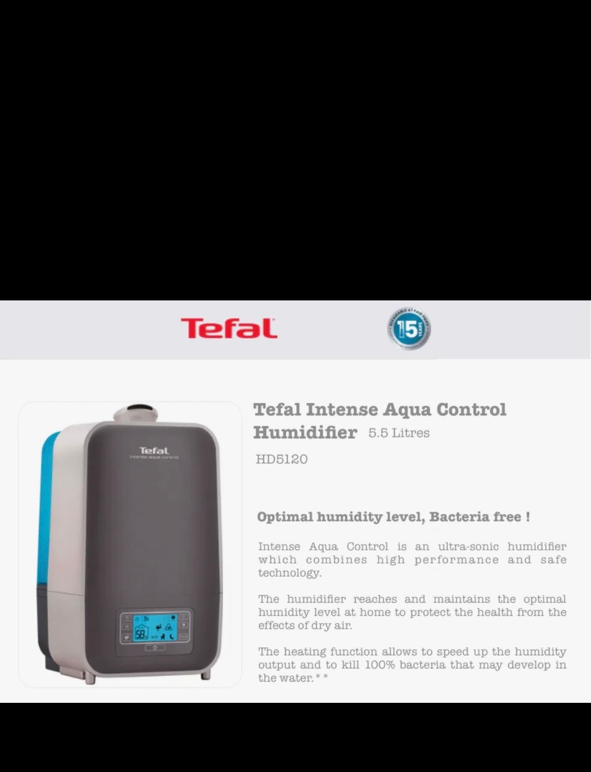 Tefal Intense 90 watts aqua control humdifier 5.5 liters hd51520 cold and warm