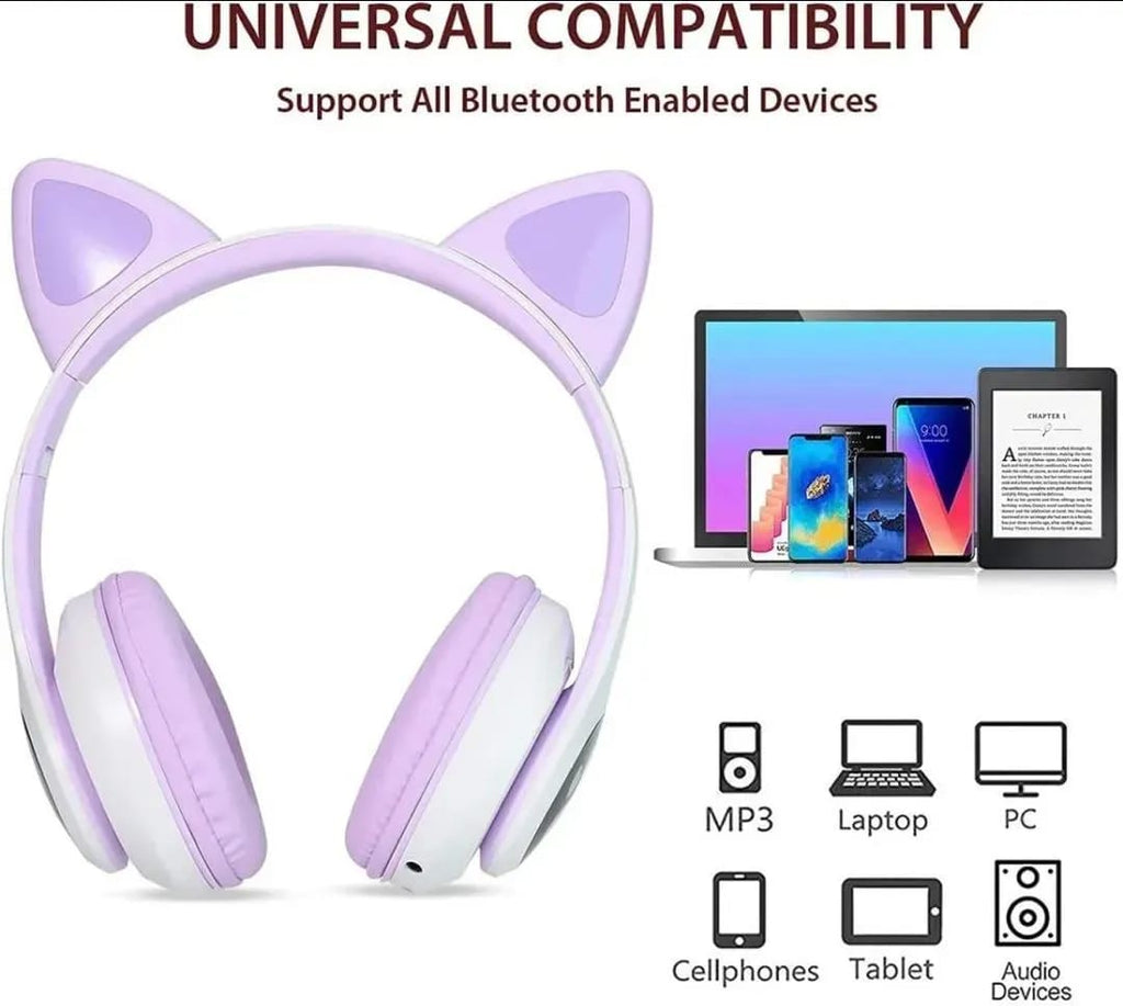 Cat Ear Wireless Bluetooth Headphones with RGB LED Lights & Built-in Mic – Stereo Bass Sound, Bluetooth & AUX Mode, Adjustable Over-Ear Headset for Kids, Teens & Girls