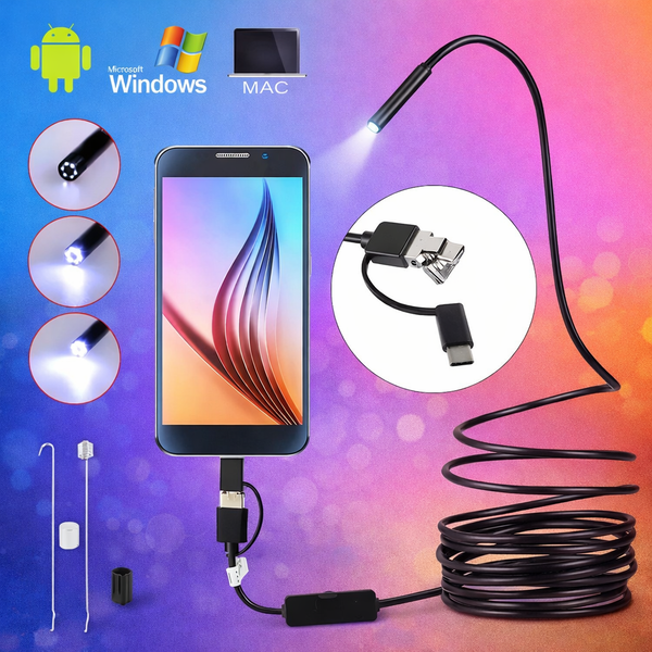 USB Endoscope Inspection Camera – Flexible Borescope Camera with LED Lights for Android & PC